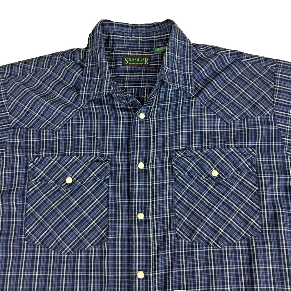 Stone River Adventure Wear Mens XLT Blue Plaid Western Pearl Snap Shirt SS - Picture 2 of 8
